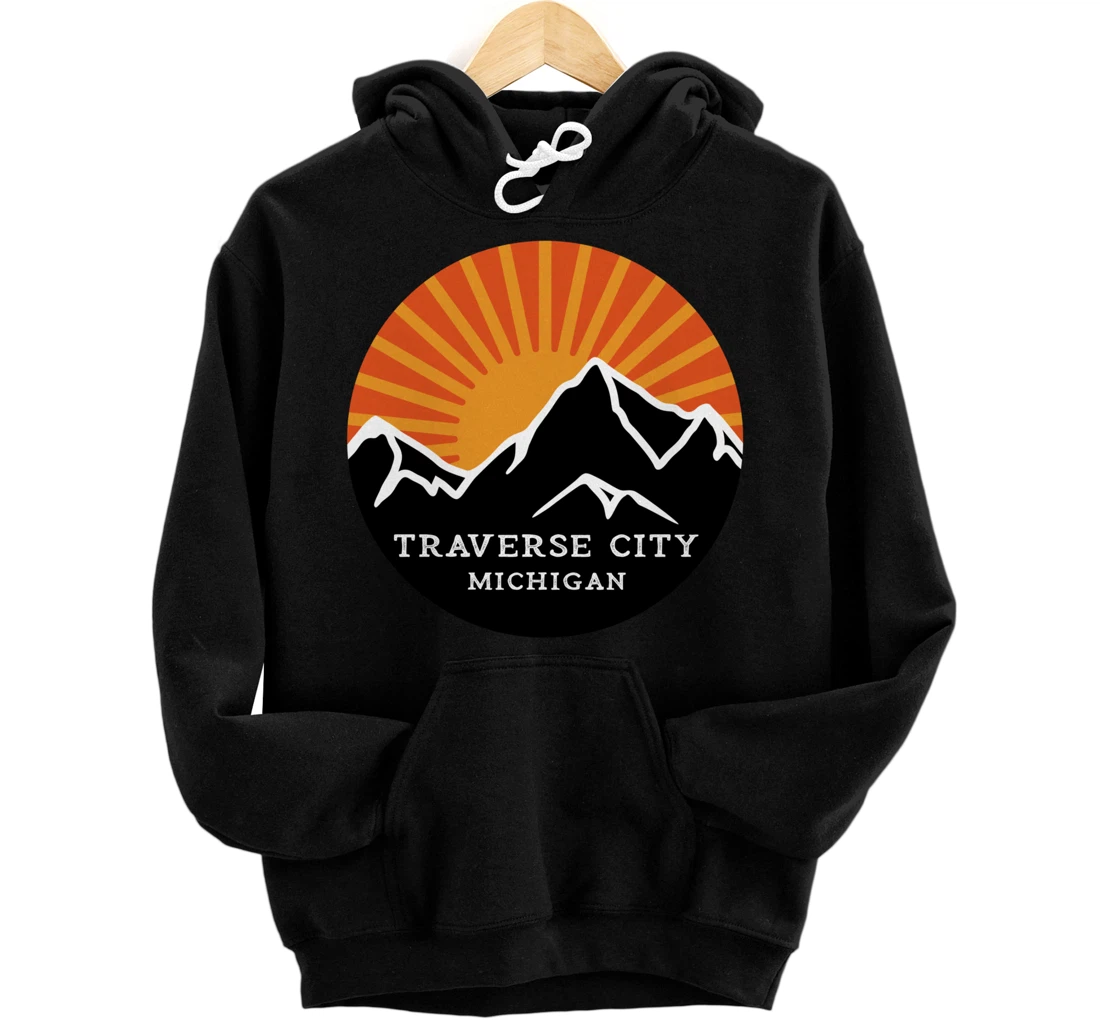 Personalized Traverse City Michigan Retro Sunset Mountains Vintage Sun Pullover Hoodie