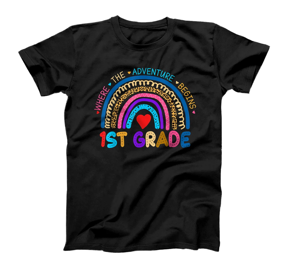 Leopard Rainbow 1nd Grade Where The Adventure Begins T-Shirt, Kid T-Shirt and Women T-Shirt