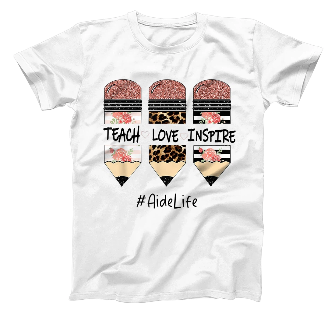 Personalized Teach Inspire Love Pencil Leopard Flower Aide Life T-Shirt, Women T-Shirt