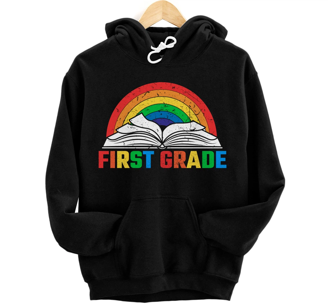 rainbow first grade squad reading book graphic teacher team Pullover Hoodie