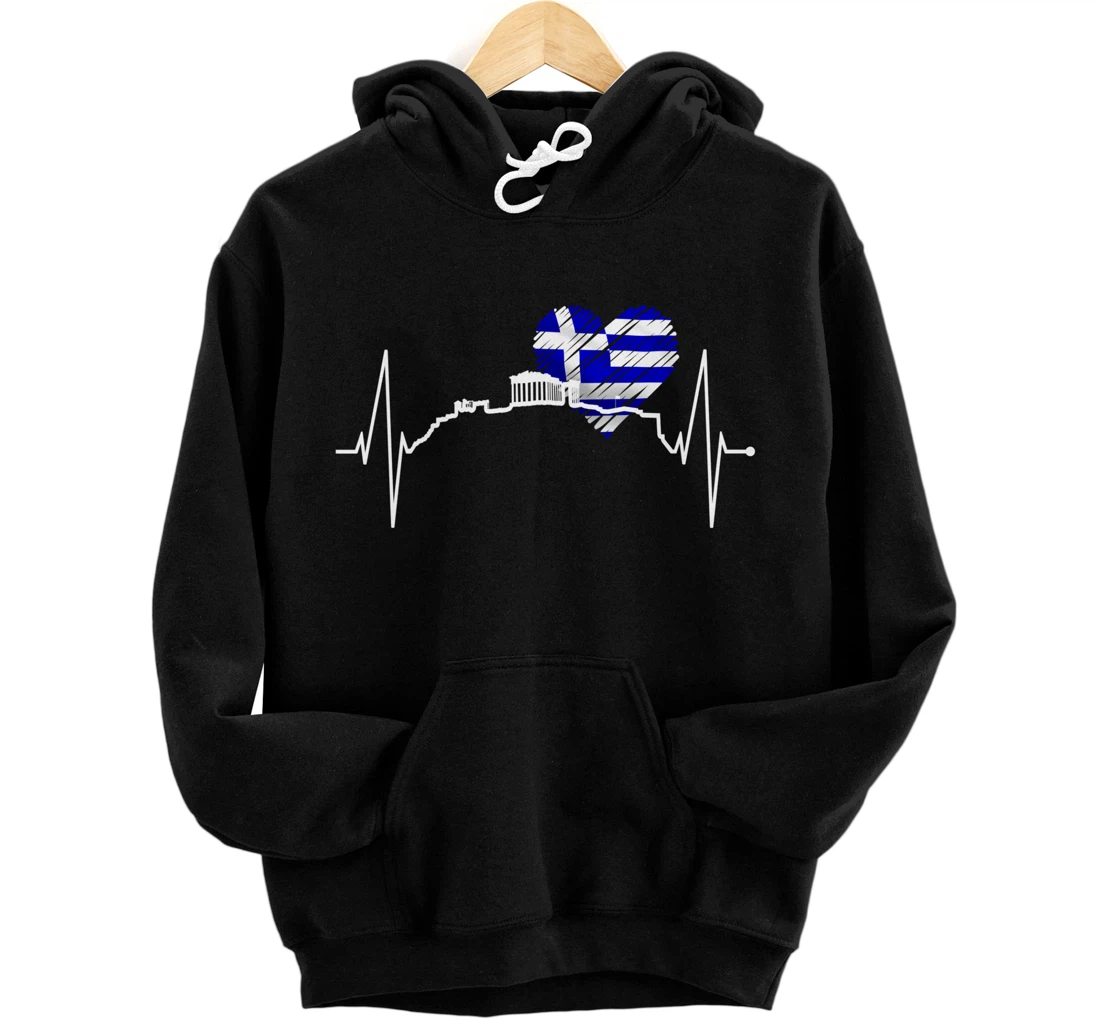 Personalized Athens Skyline Heartbeat Heart Acropolis Ancient Greek Flag Pullover Hoodie