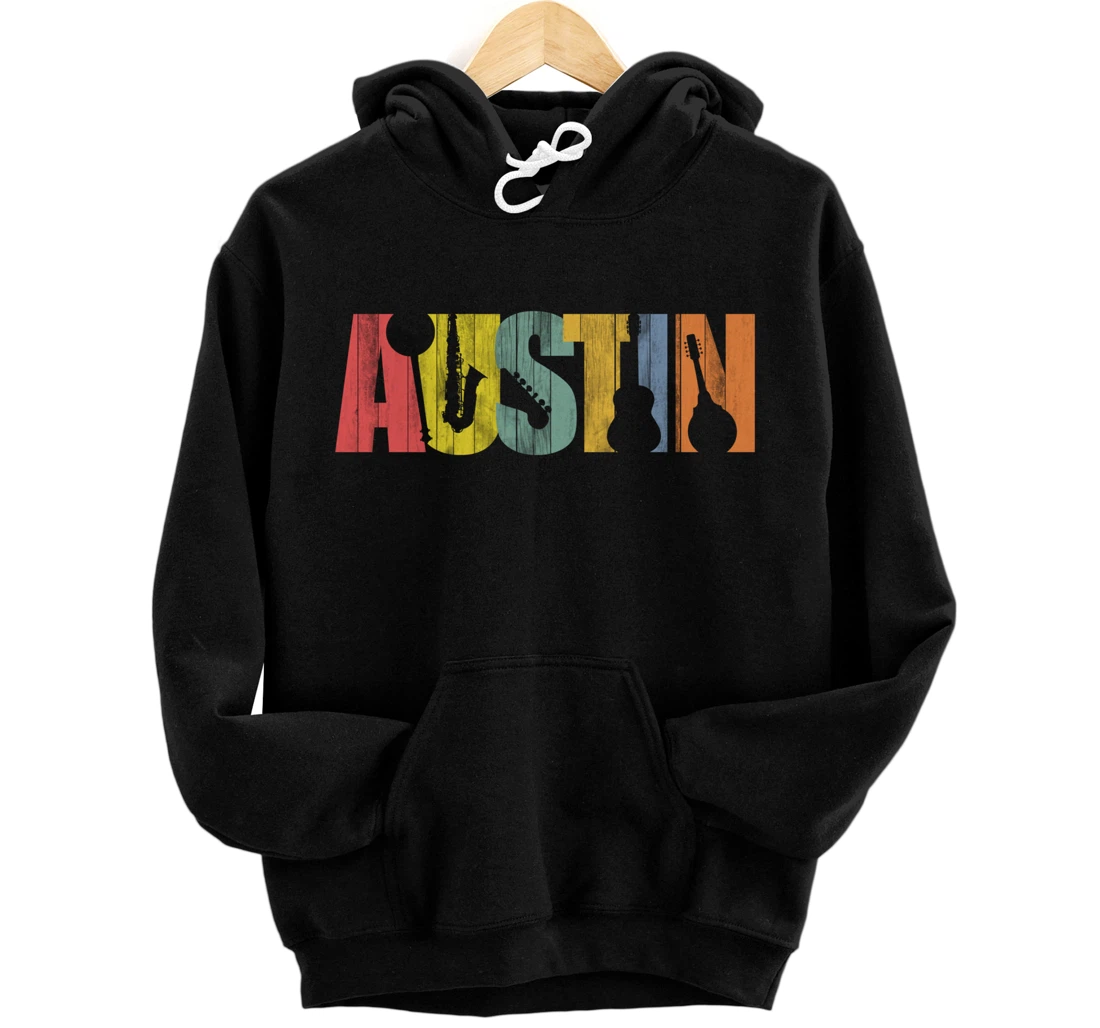 Personalized Austin Texas Distressed Vintage Musical Instrument Design Pullover Hoodie