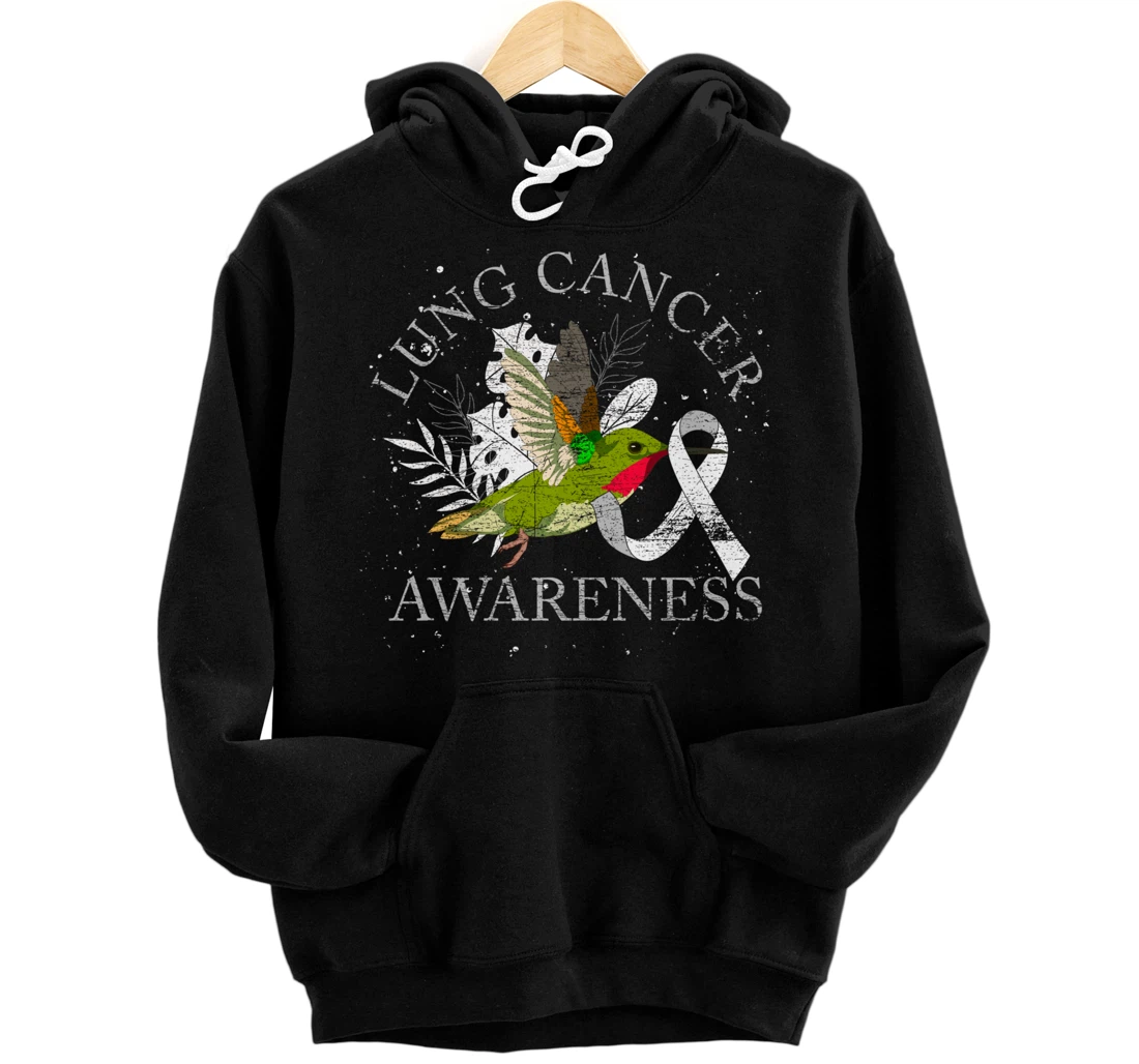 White Ribbon Supporter Hummingbird Lung Cancer Awareness Pullover Hoodie