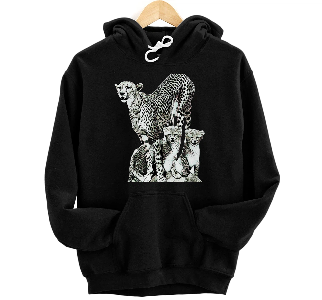 Personalized Cheetah Mother with Cubs Motif Predator Cat Animal Cheetahs Pullover Hoodie