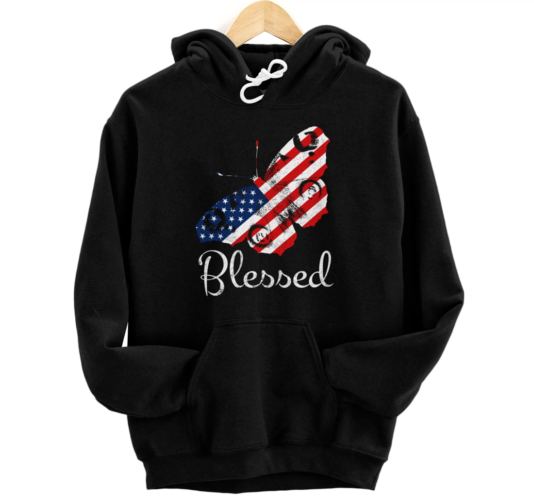 Personalized American Flag Butterfly 4th of July Blessed Pullover Hoodie