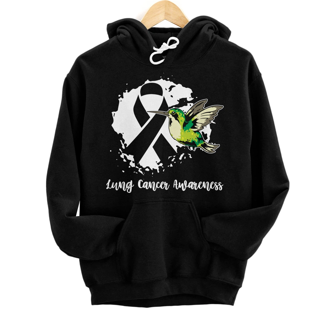 White Ribbon Fighter Hummingbird Lung Cancer Awareness Pullover Hoodie