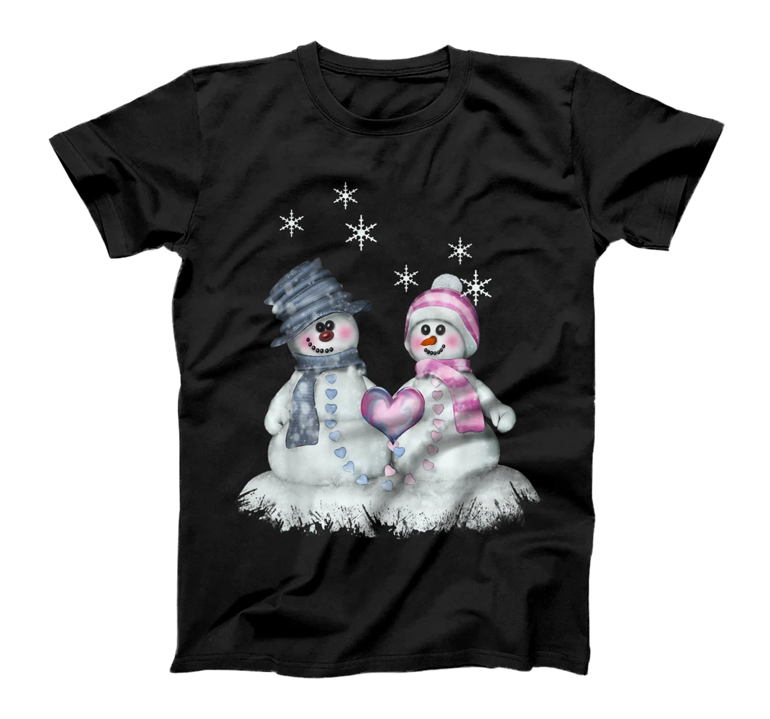 Snowman & Snowwoman with Heart Winter Motif T-Shirt, Kid T-Shirt and Women T-Shirt