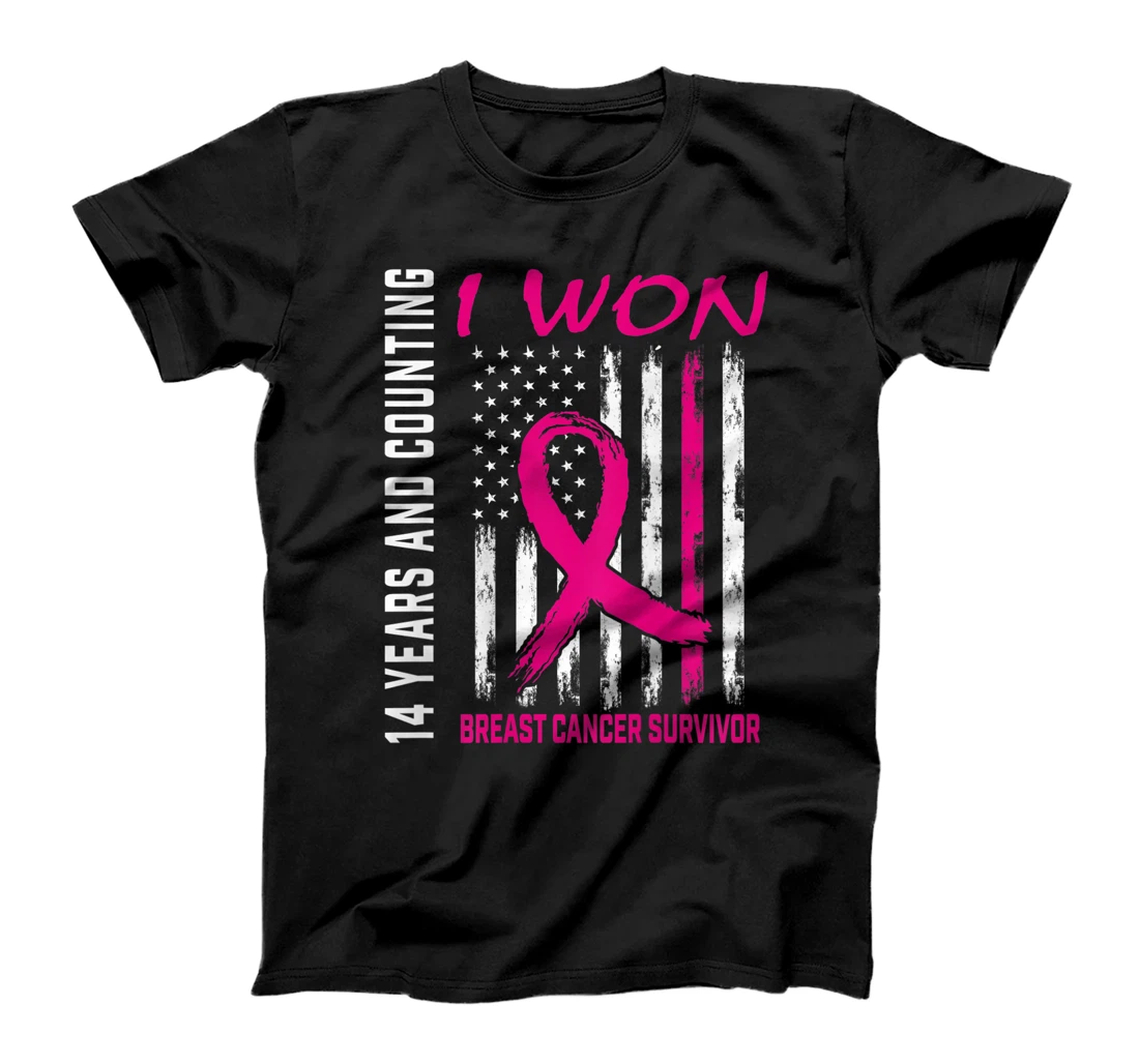 Womens 14 Year Free Pink I Won Breast Cancer Survivor American Flag T-Shirt, Women T-Shirt