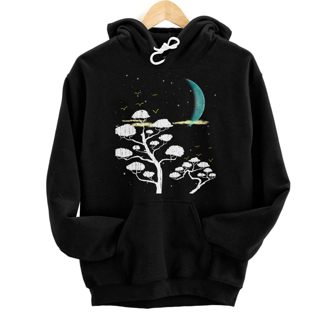 Zen Gardening Moon Stars Japanese Culture Bonsai Tree Pullover Hoodie