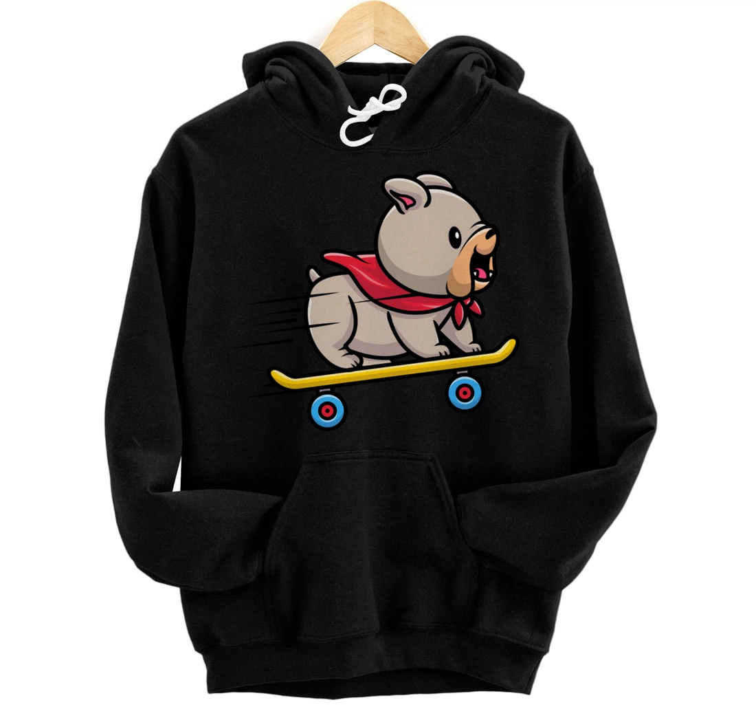 Skateboarding Bulldog Puppy Funny Skateboard Dog Skater Pup Pullover Hoodie