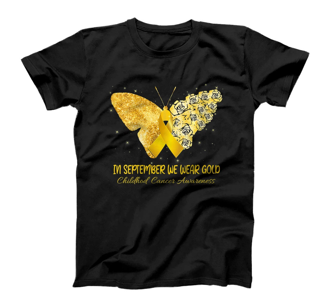 Womens In September We Wear Gold Childhood Cancer Butterfly Flower T-Shirt, Women T-Shirt