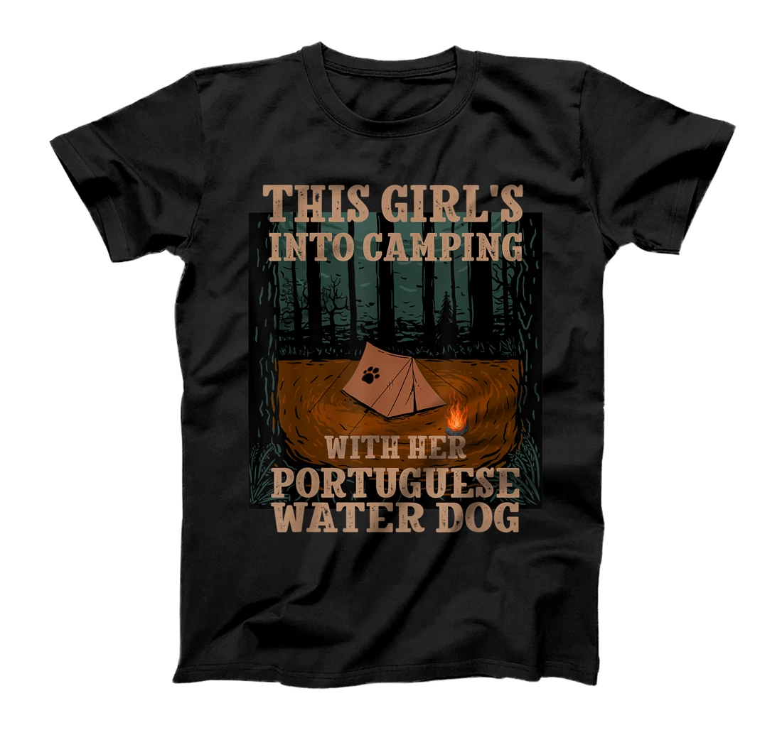 Girl's Into Camping with Her Portuguese Water Dog Dog Lover T-Shirt, Women T-Shirt