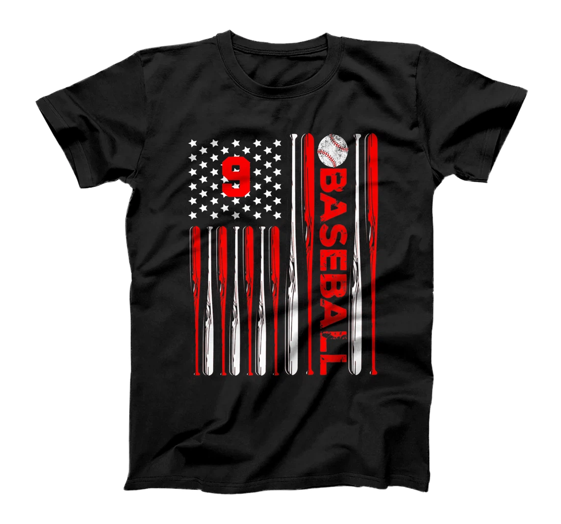 Personalized Womens Baseball Red Bats Number 9 Nine USA Flag T-Shirt