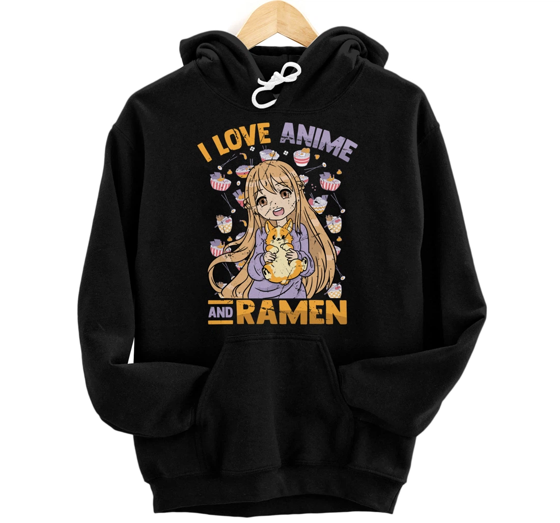 Personalized I Love Anime And Ramen - Kawaii Otaku Girl - Cute Manga Dog Pullover Hoodie
