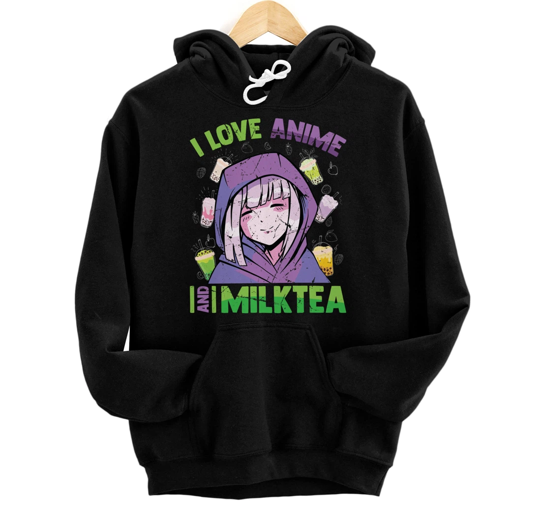 Personalized I Love Anime And Milk Tea - Kawaii Blushing Otaku Girl - Pullover Hoodie