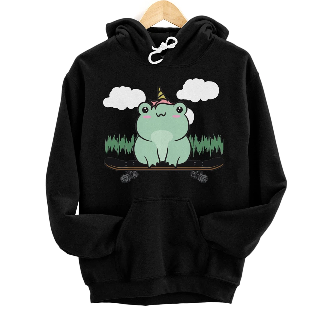 Personalized Cottagecore Aesthetic Kawaii Cute Skateboarding Frog Unicorn Pullover Hoodie