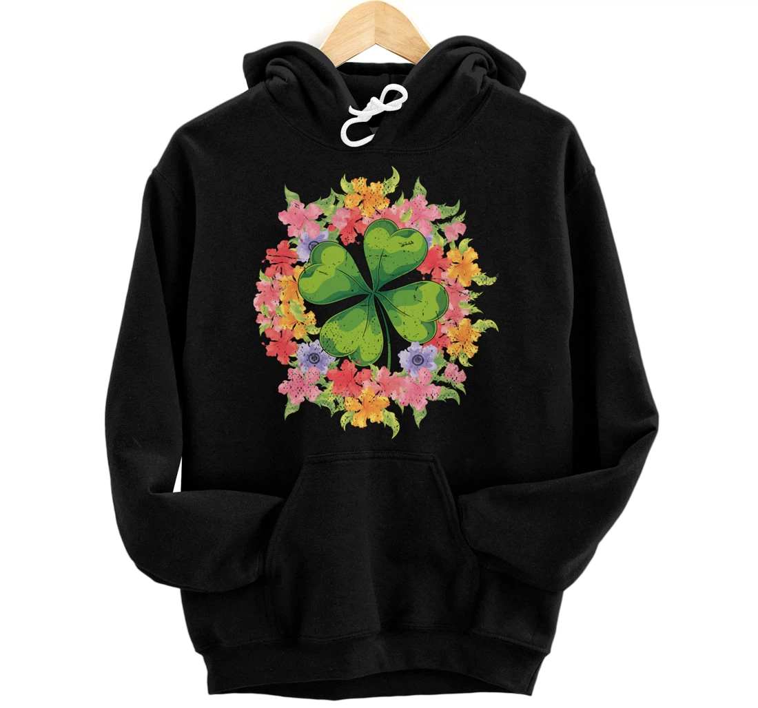 Personalized Floral Ireland Lucky Four Leaf Clover Irish Shamrock Pullover Hoodie