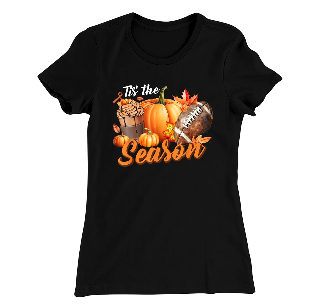 Tis The Season Pumpkin Leaf Latte Fall Thanksgiving Football T-Shirt