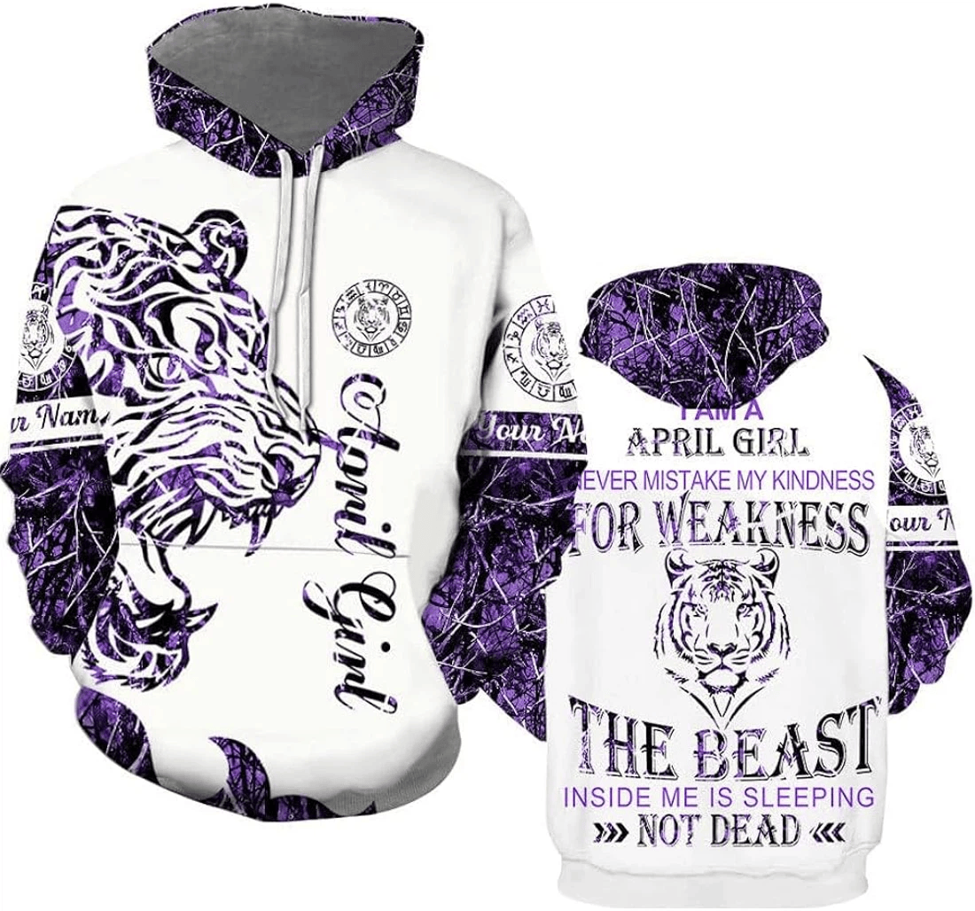 Personalized Custom Tiger April Girl Birthday Pulover April Girl Tiger Purple Colorful Tiger Lover Tiger - 3D Printed Pullover Hoodie