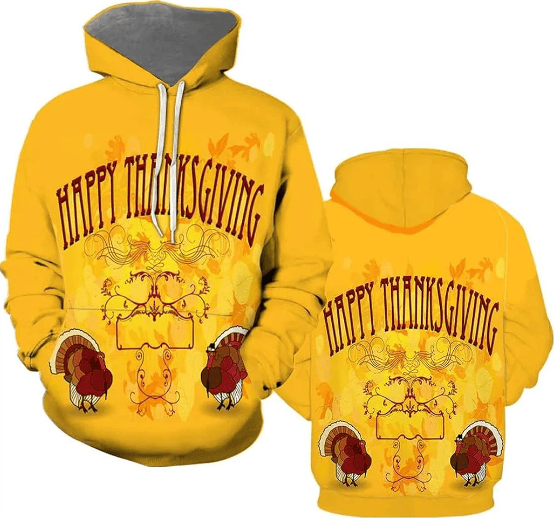 Personalized Foxwears Turkey Happy Thanksgiving Happy Thanksgiving Turkey Turkey Pattern Colorful Yellow Crew Neck - 3D Printed Pullover Hoodie