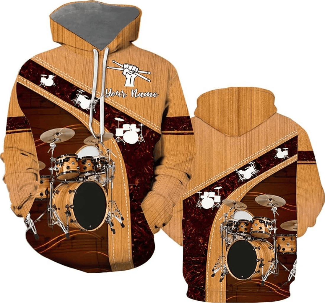 Personalized Foxwears Custom Name Drum Drum Pattern Brown Drum Custom Vintage Brown Crew Neck Music Music Instrument Up Drum - 3D Printed Pullover Hoodie