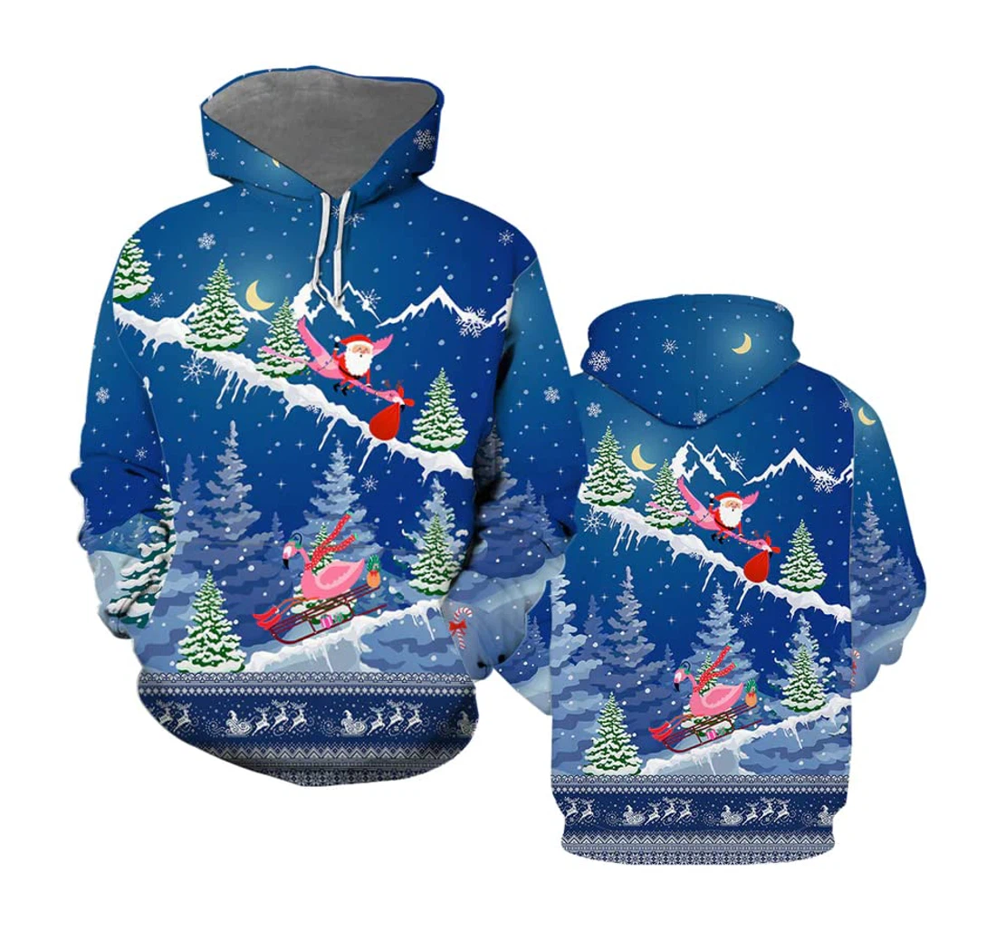 Personalized Flamingo Skiing Christmas Flamingo Skiing Flamingo Skiing Santa Sleigh Flamingo Vintage Blue Crew Neck - 3D Printed Pullover Hoodie