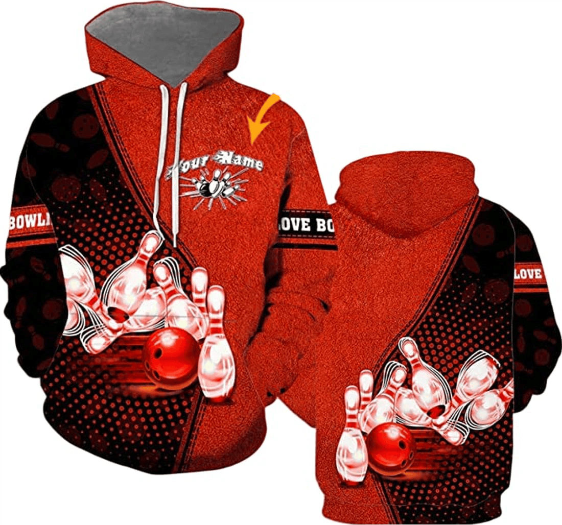Name Red Bowling Striking Bowling Bowling Personalized Bowling Striking Red Pattern Crew Neck - 3D Printed Pullover Hoodie