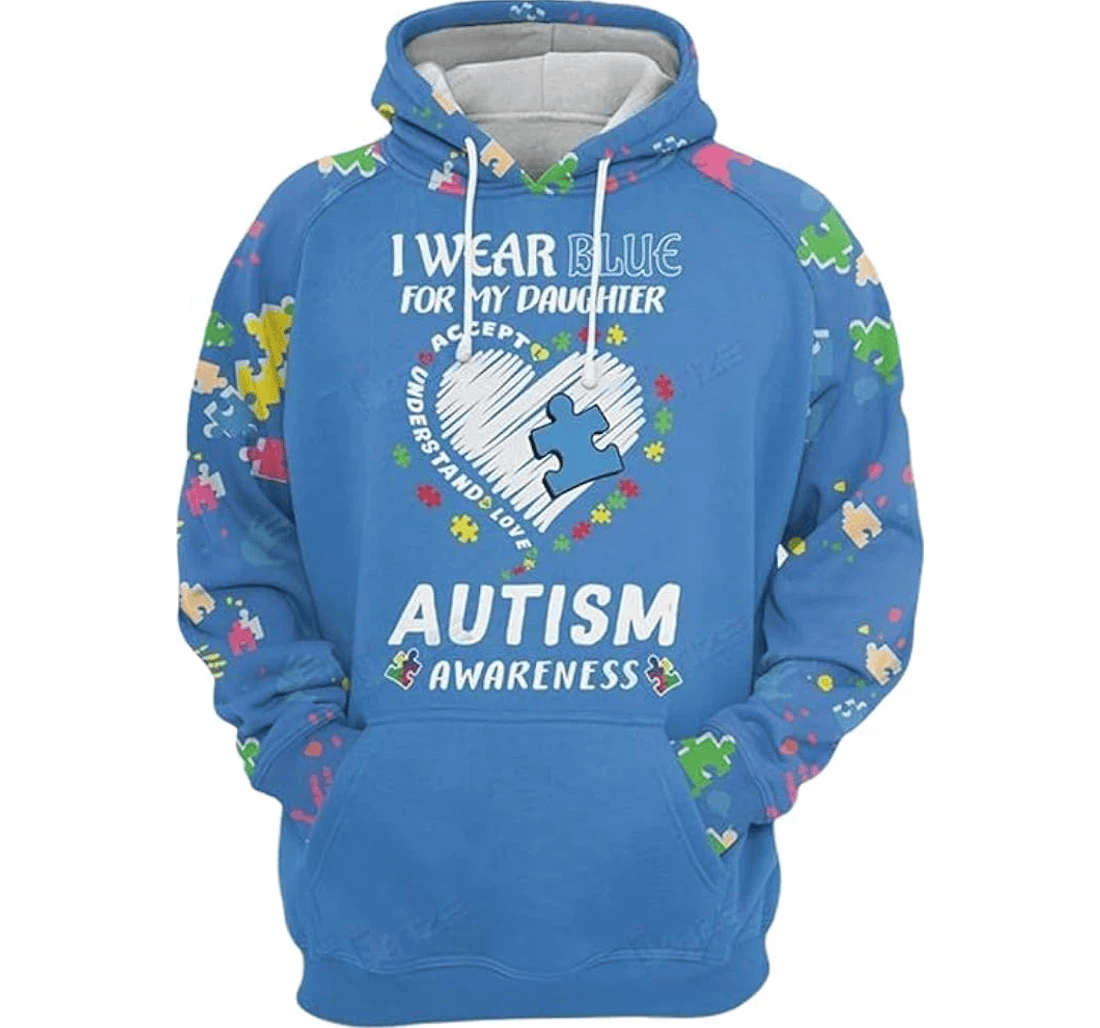 Personalized Autism Awareness Puzzle I Wear Blue My Daughter Accept Understand Love - 3D Printed Pullover Hoodie