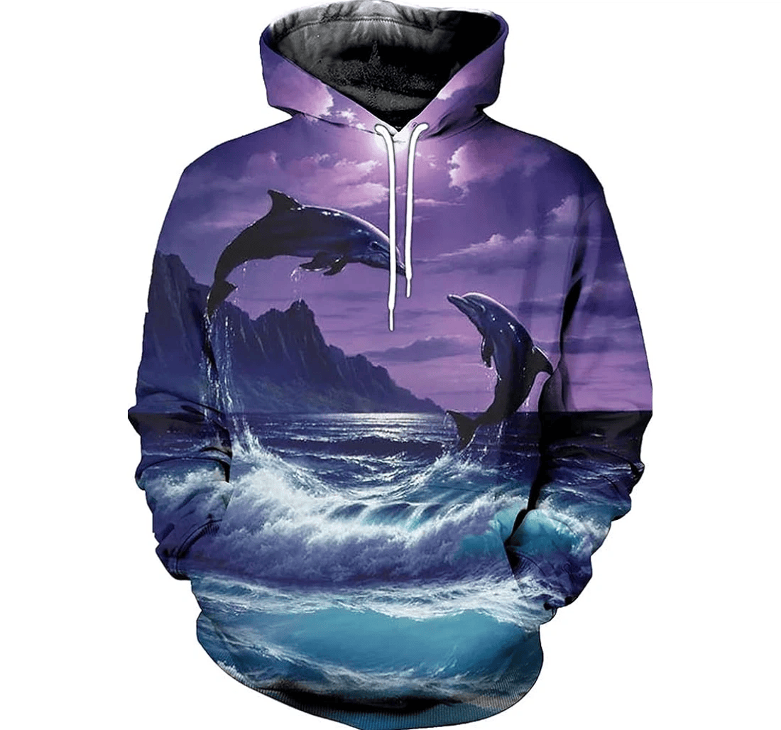 Personalized Dolphin Love Couple Dreamy Night On The Sea - 3D Printed Pullover Hoodie
