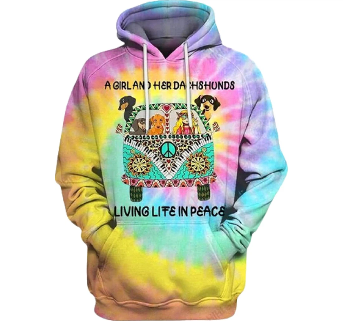 Personalized Car Pattern A Girl Her Dachshunds Living Life In Peace Tie Dye - 3D Printed Pullover Hoodie