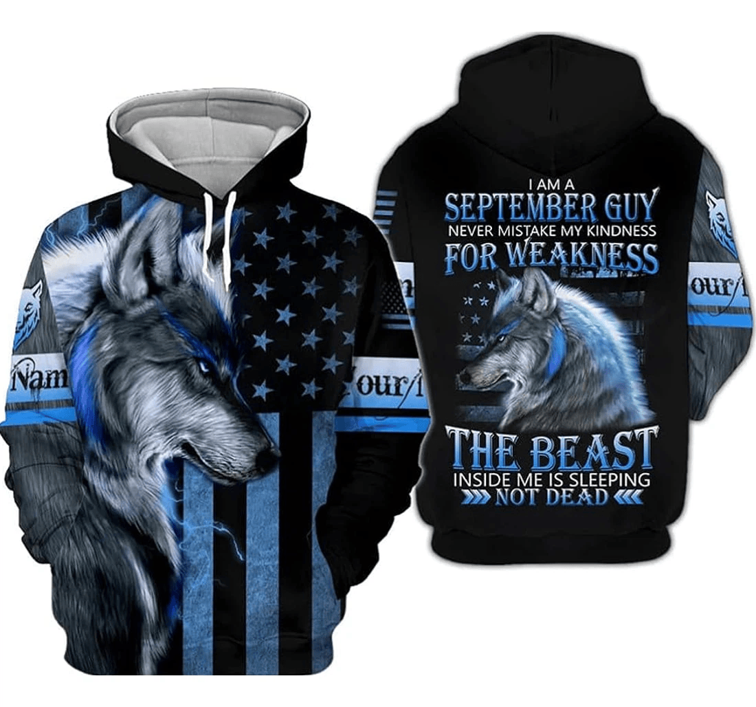 Personalized Name Month September Guy Us Wolf Flag Never Mistake My Kindness Weakness - 3D Printed Pullover Hoodie