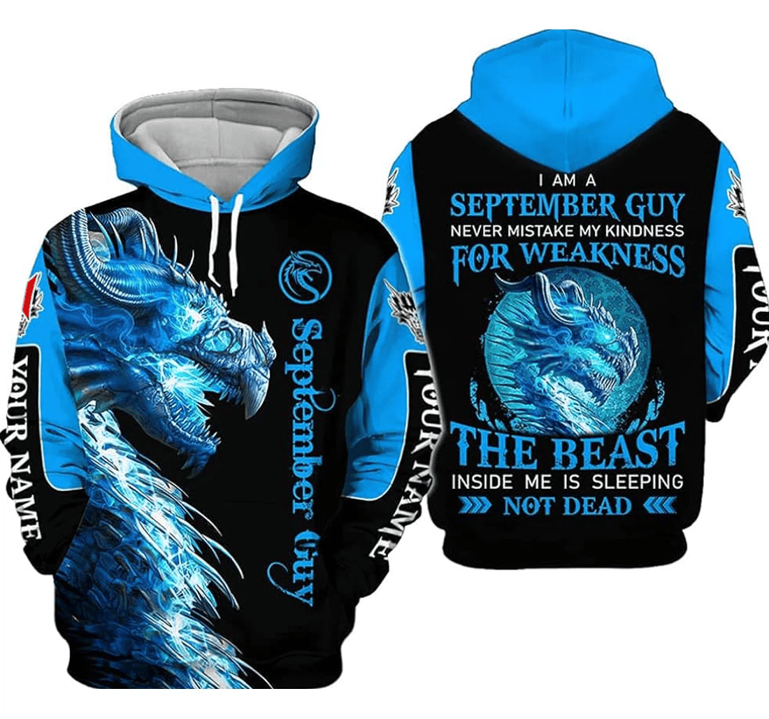 Personalized Name Month September Guy Blue Dragon Never Mistake My Kindness Weakness - 3D Printed Pullover Hoodie
