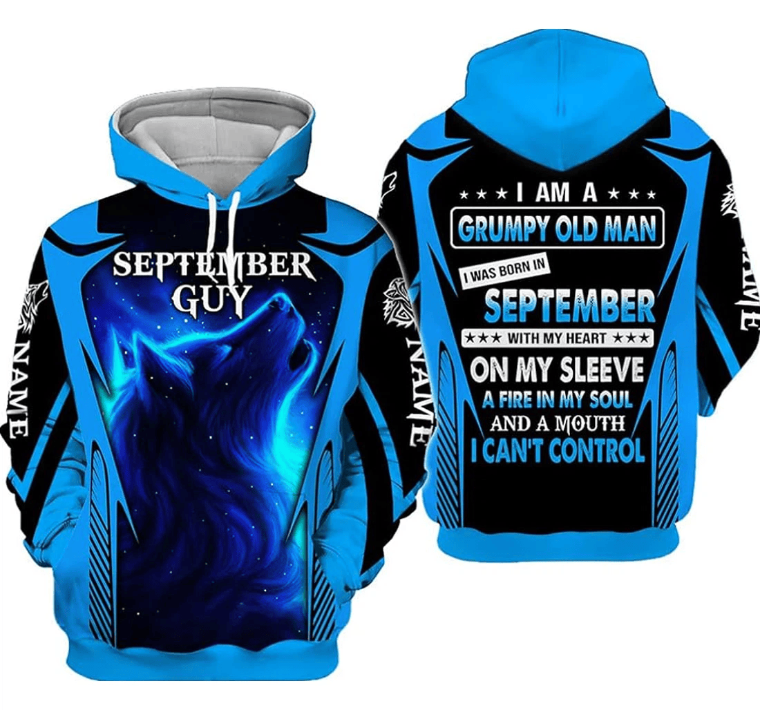 Personalized Name Month September Guy Blue Wolf I Am A Grumpy Old - 3D Printed Pullover Hoodie