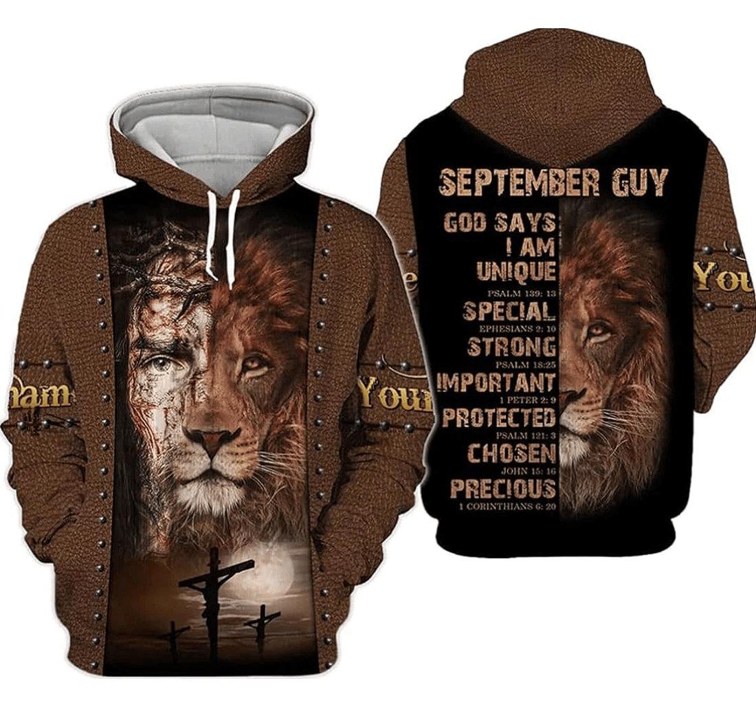 Personalized Name Month September Guy Lion God Says You Are Unique - 3D Printed Pullover Hoodie