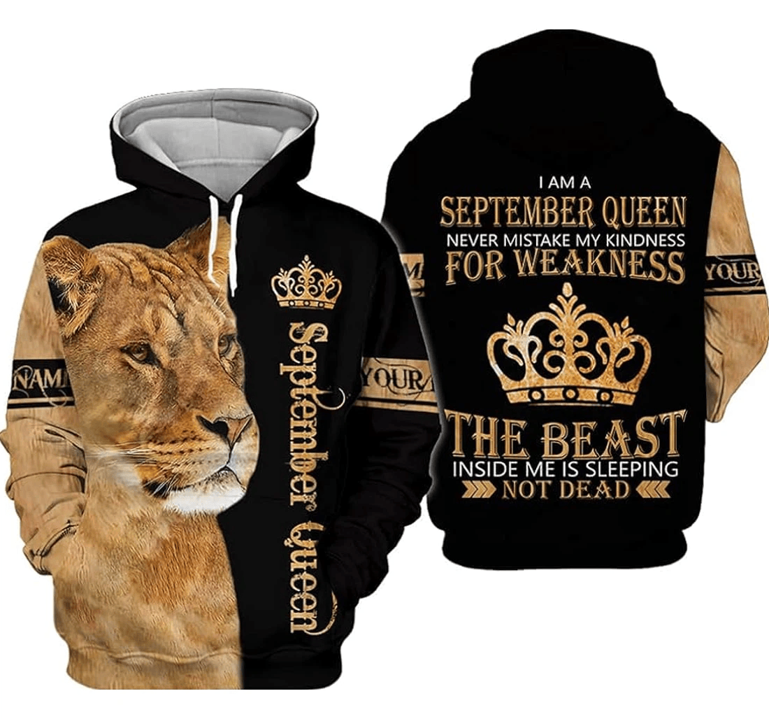 Personalized Name Month September Girl Lion Never Mistake My Kindness Weakness - 3D Printed Pullover Hoodie