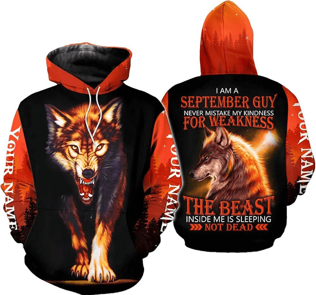 Personalized Name Month September Guy Wolf Orange Forest Never Mistake My Kindness Weakness - 3D Printed Pullover Hoodie