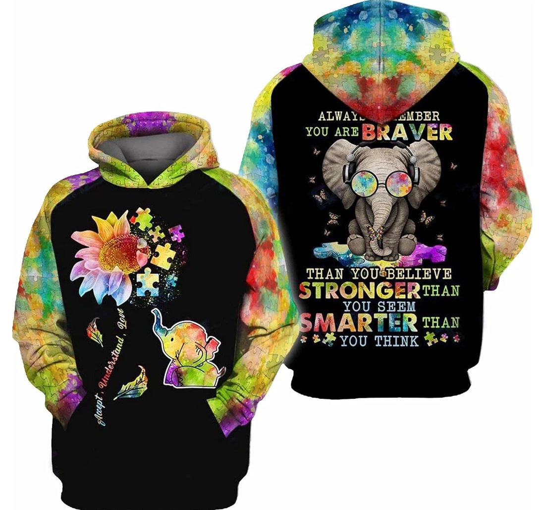 Personalized Autism Awareness Elephant Accept Understand Love Hawaiian - 3D Printed Pullover Hoodie