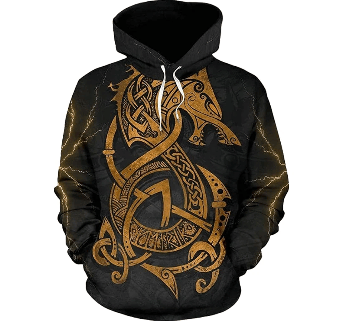 Personalized Viking Fenrir Storm Golden Runes Hawaiian - 3D Printed Pullover Hoodie