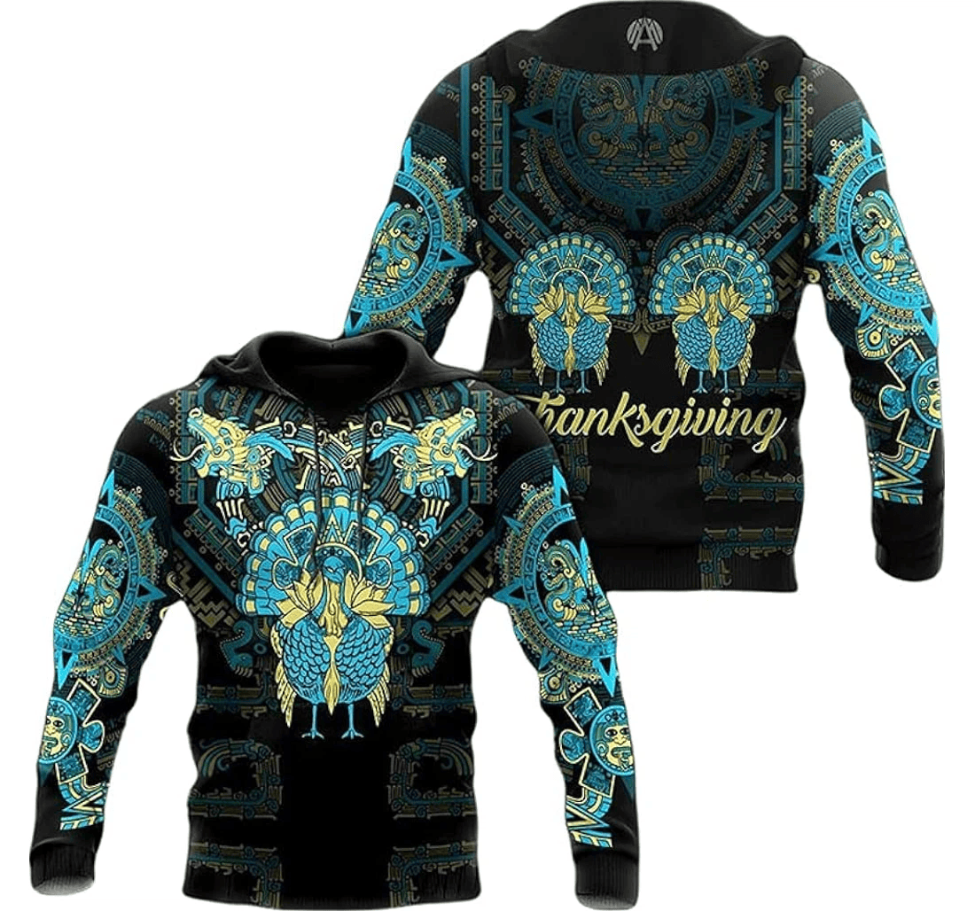 Personalized Aztec Mayan Turkey Thanksgiving Sun God Blue Color Tattoo Style Hawaiian - 3D Printed Pullover Hoodie