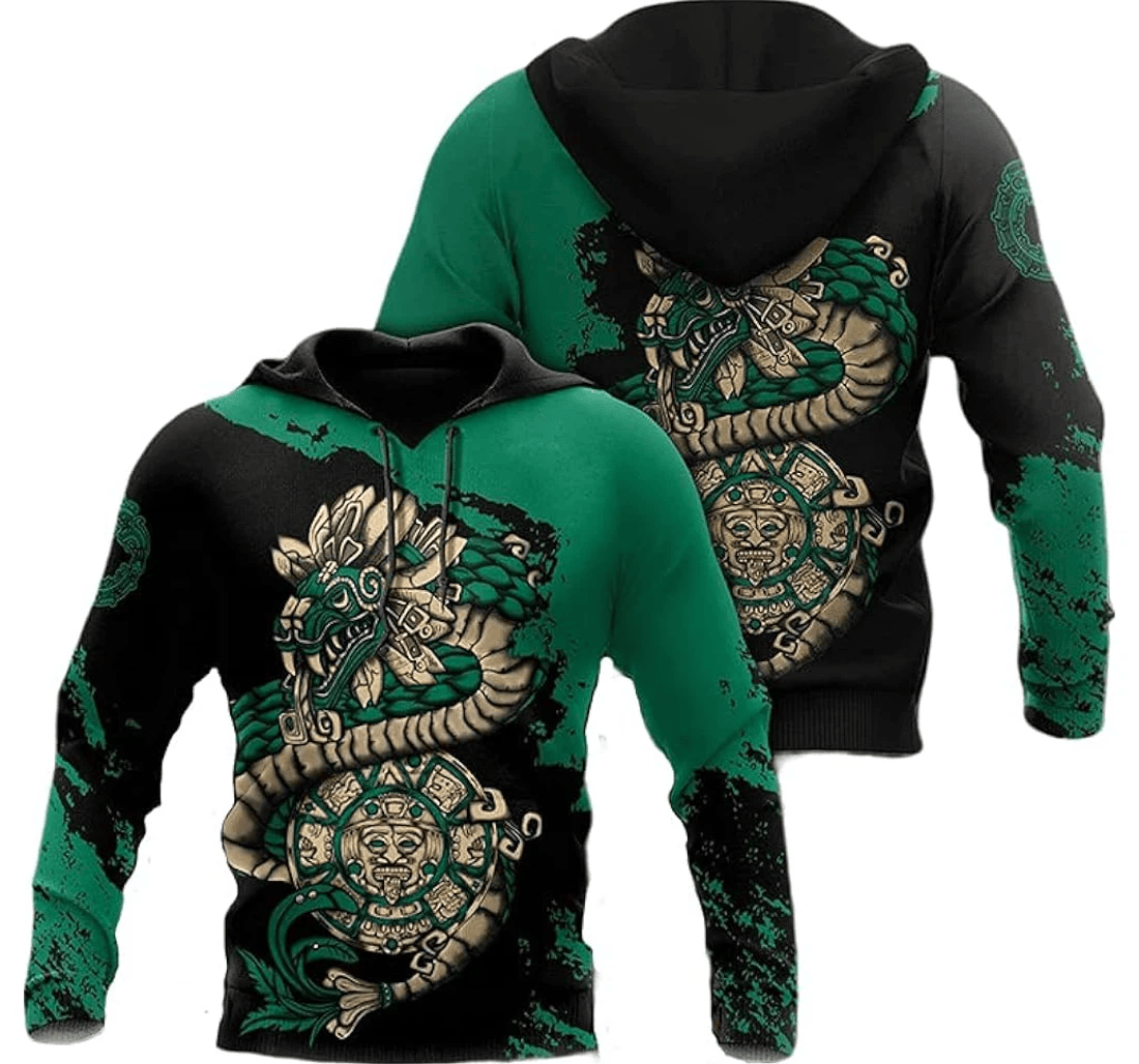 Personalized Mexico Aztec Quetzalcoatl Sun Stone Green Dragon Hawaiian - 3D Printed Pullover Hoodie