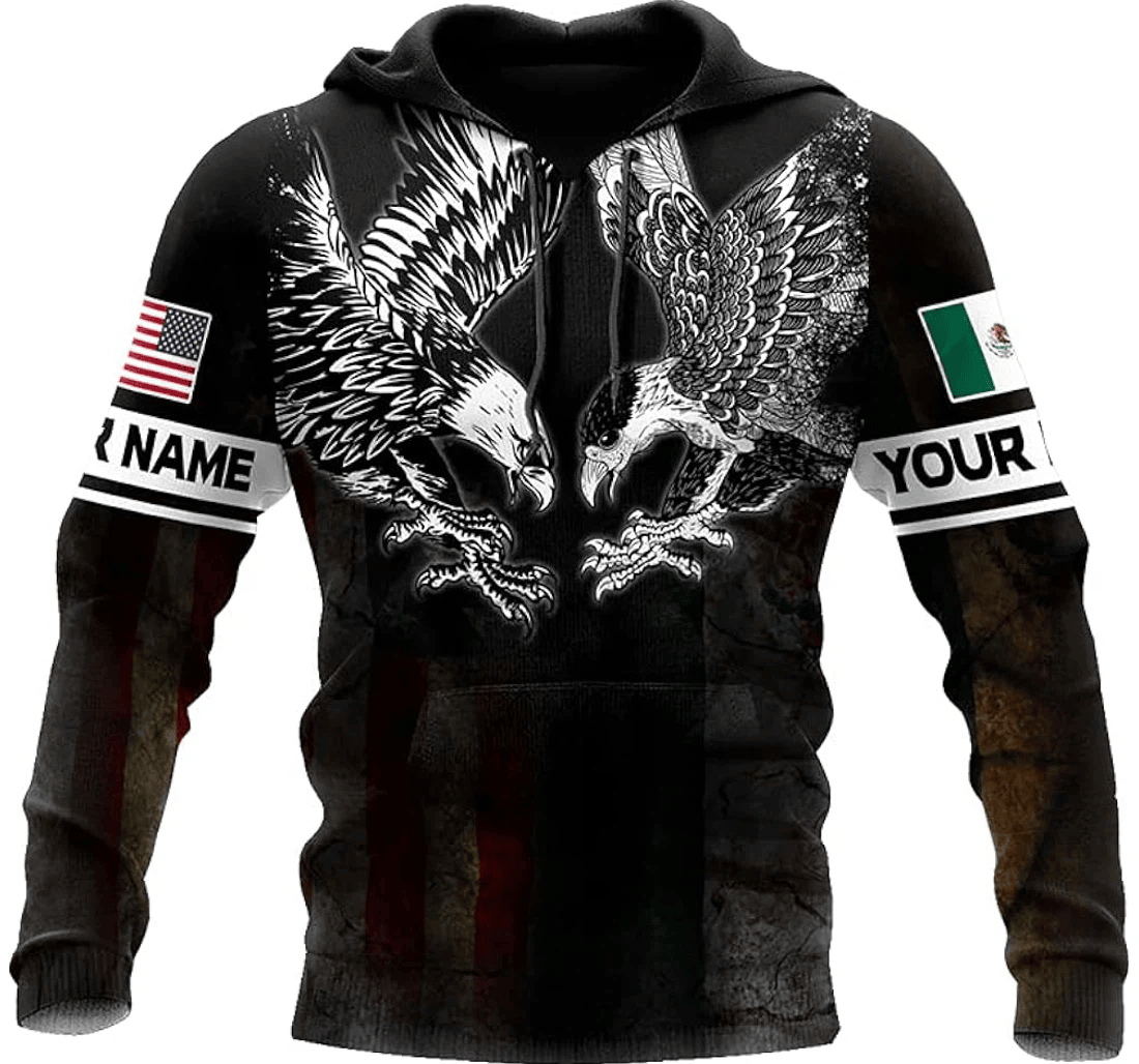 Personalized Custom Name Mexico American Native Eagle Tattoo Style Independence Day Hawaiian - 3D Printed Pullover Hoodie