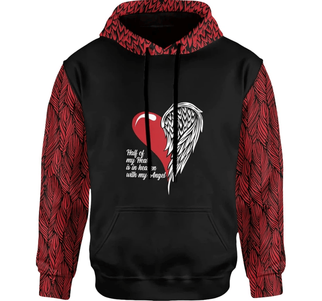 Personalized Half Of My Heart Is In Heaven Angel Heart Love Mom Aop Womens Perfect In Winter - 3D Printed Pullover Hoodie