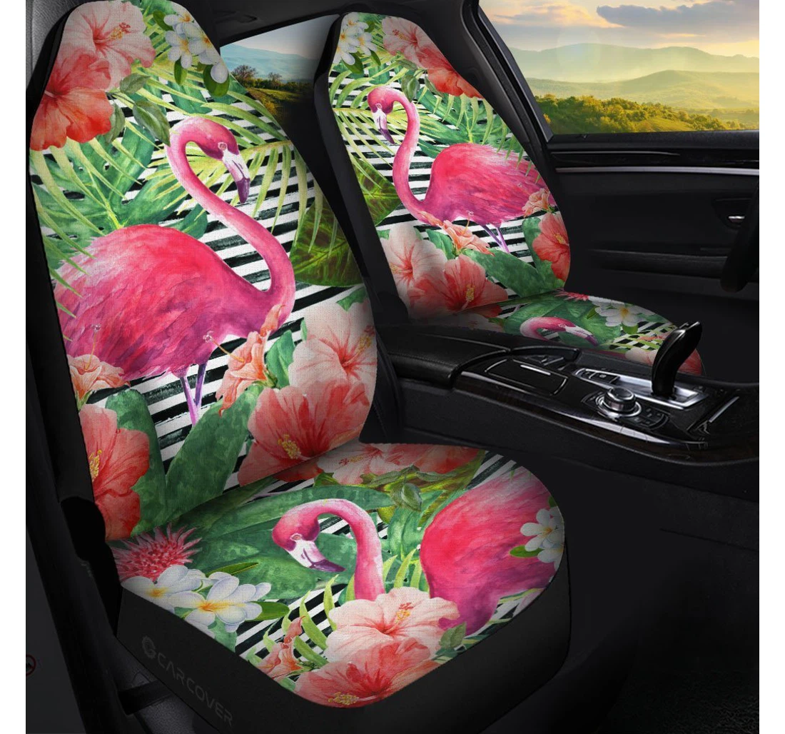 Personalized Pink Flamingo Custom Tropical Leaves Hibiscus Flower Universal Front Car Seat Cover