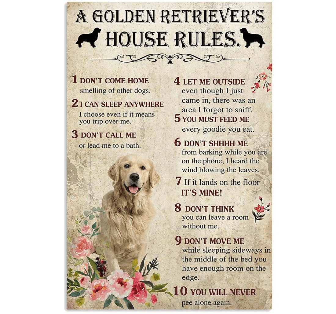 Poster, Canvas - A Golden Retriever's House Rules Print Framed Wall Art