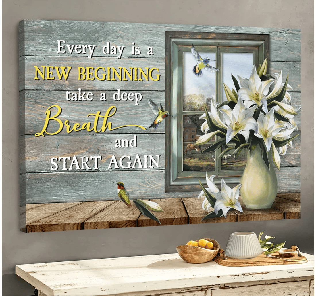 Poster, Canvas - Lily Flower Hummingbird Everyday Is A New Beginning Matte Print Framed Wall Art