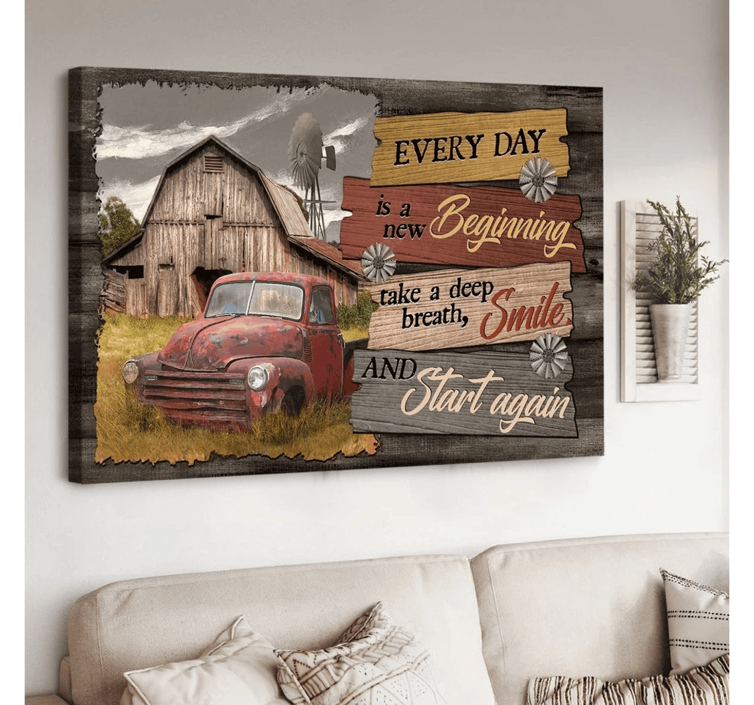 Poster, Canvas - Old Car Barn Windmill Every Day Is A New Beginning Matte Print Framed Wall Art