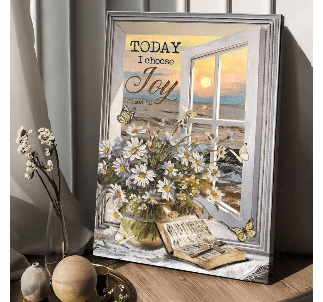Poster, Canvas - Daisy Flower Bible Cross Symbol Beach View Jesus Today I Choose Joy Matte Print Framed Wall Art