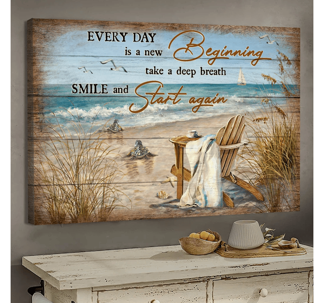 Poster, Canvas - Sea Turtle On The Beach Every Day Is A New Beginning Matte Print Framed Wall Art