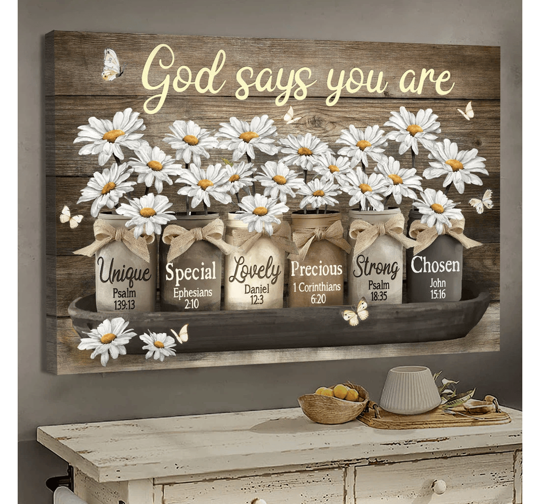 Poster, Canvas - Jesus Vintage Daisy Vase God Says You Are Matte Print Framed Wall Art