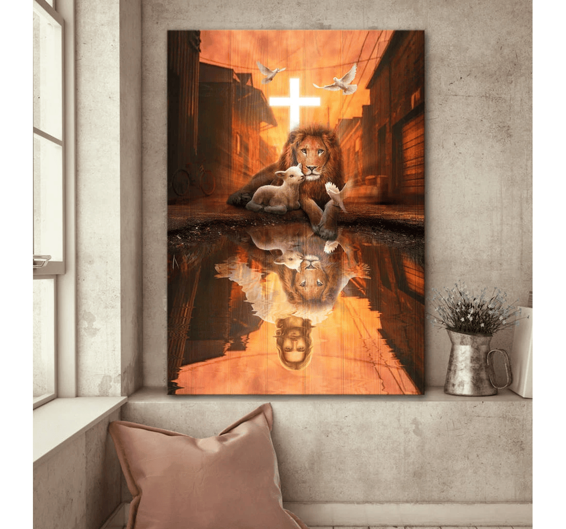 Poster, Canvas - Lion Of Judah Lamb Of God Jesus's Reflection Matte Print Framed Wall Art